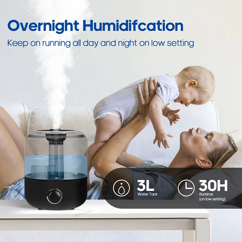 Kinscoter Ultrasonic Humidifier 3L – Dual Mist, Remote Control & Aromatherapy - Hiigieia