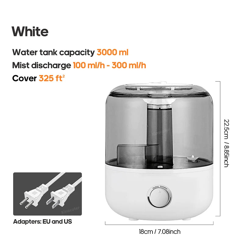 Kinscoter Ultrasonic Humidifier 3L – Dual Mist, Remote Control & Aromatherapy - Hiigieia