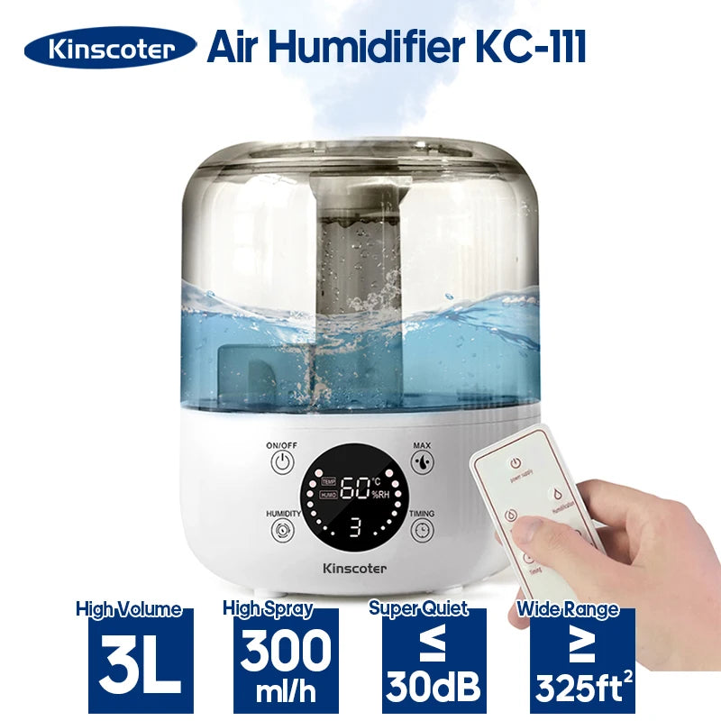 Kinscoter Ultrasonic Humidifier 3L – Dual Mist, Remote Control & Aromatherapy - Hiigieia