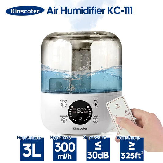 Kinscoter Ultrasonic Humidifier 3L – Dual Mist, Remote Control & Aromatherapy - Hiigieia
