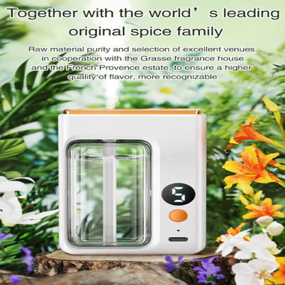 White electronic device with a transparent front panel on a natural background with flowers and greenery.