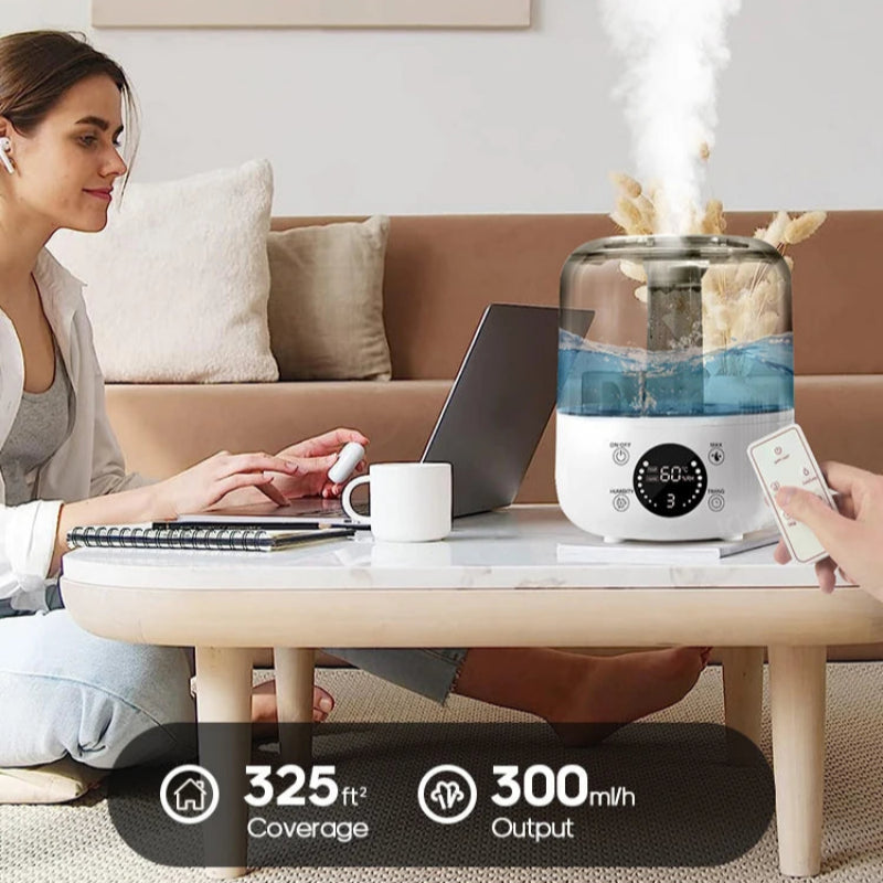 Woman using a humidifier in a living room with text about fast and powerful relief.