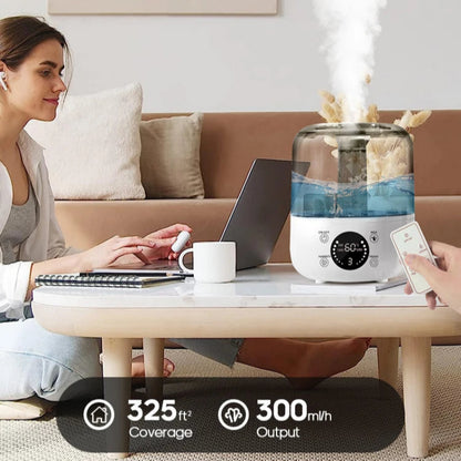 Woman using a humidifier in a living room with text about fast and powerful relief.