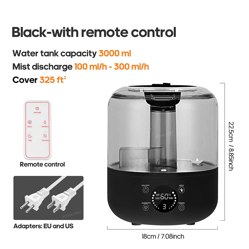 Kinscoter Ultrasonic Humidifier 3L – Dual Mist, Remote Control & Aromatherapy - Hiigieia