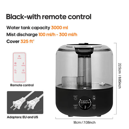 Kinscoter Ultrasonic Humidifier 3L – Dual Mist, Remote Control & Aromatherapy - Hiigieia